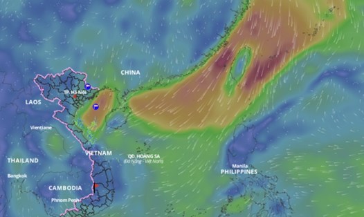 Dự báo không khí lạnh sắp tác động đến thời tiết Vịnh Bắc Bộ và Bắc Biển Đông. Trên đây là hình ảnh lớp hướng gió trên biển cập nhật hồi 11h ngày 6.3. Ảnh: Hệ thống Giám sát thiên tai Việt Nam