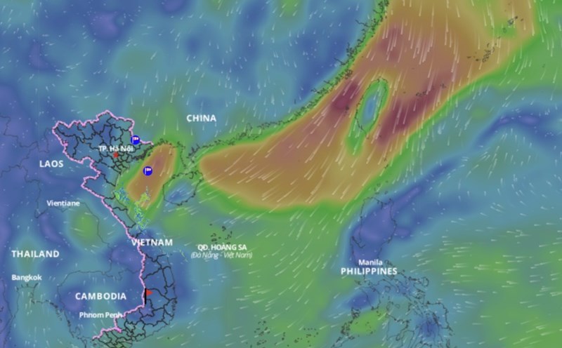 Cold air is forecast to affect the weather in the Gulf of Tonkin and the North East Sea. above is an image of the sea wind direction updated at 11:00 on March 6. Photo: Vietnam Disaster Monitoring System