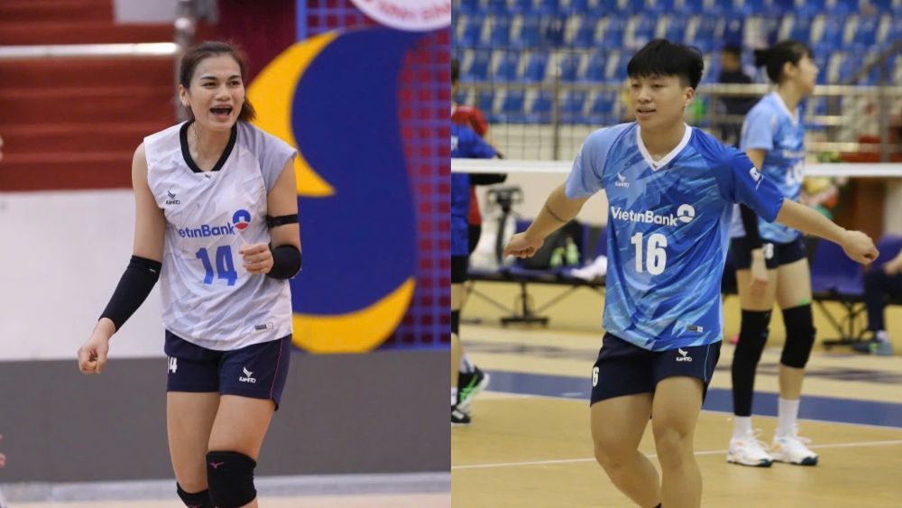 Vi Thi Nhu Quynh (left) and Dang Thi Hong helped Vietinbank enter the semi-finals of the Hoa Lu - Binh Dien Cup 2025 volleyball tournament. Photo: VFV