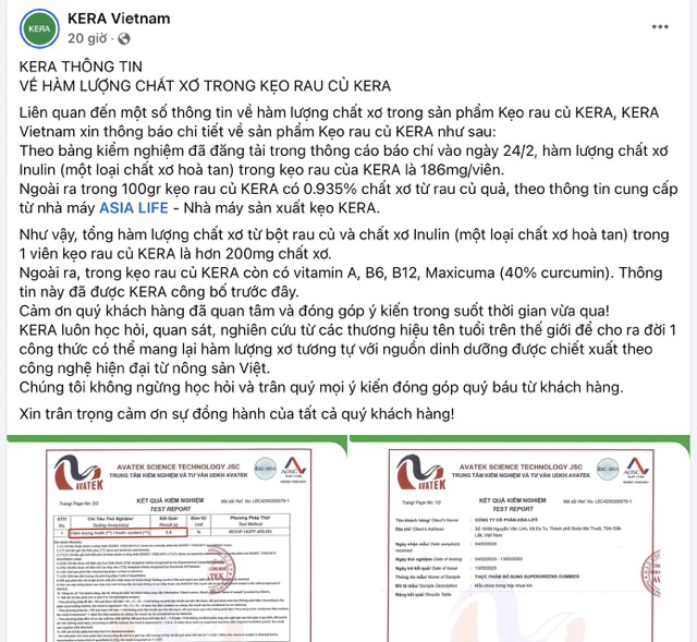 Information about the amount of fiber in Kera vegetable candy of Quang Linh Vlogs group. Photo: PV takes a screenshot