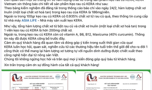 Thông tin về lượng chất xơ trong kẹo rau củ Kera của nhóm Quang Linh Vlogs. Ảnh: PV chụp màn hình