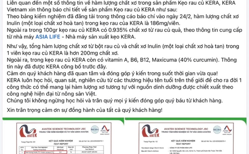 Information about the amount of fiber in Kera vegetable candy of Quang Linh Vlogs group. Photo: PV takes a screenshot