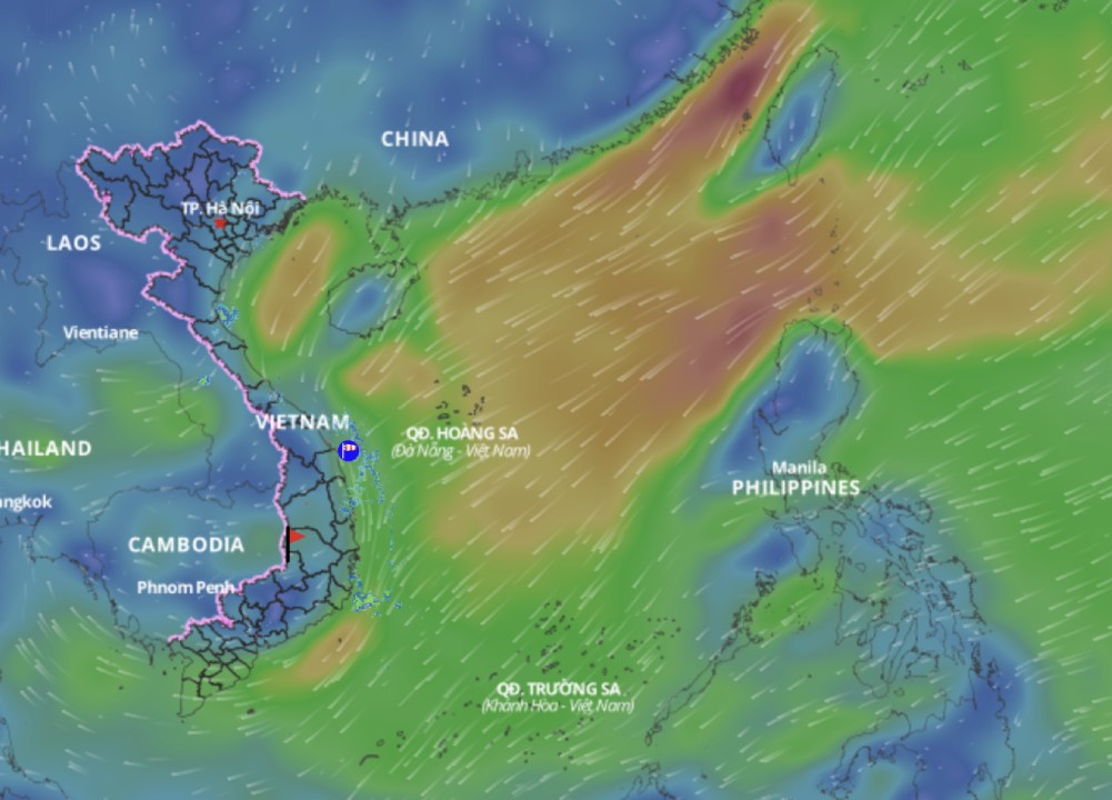 Cold air is forecast to continue affecting the weather in the Gulf of Tonkin and the North East Sea. above is an image of the sea wind direction updated at 11:30 on March 7. Photo: Vietnam Disaster Monitoring System