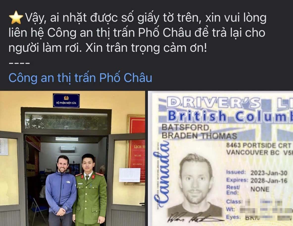 Thong tin truoc do Cong an thi tran Pho Chau dang tai de tim kiem giay to giup anh Braden Batsford. Anh: Cong an Ha Tinh.