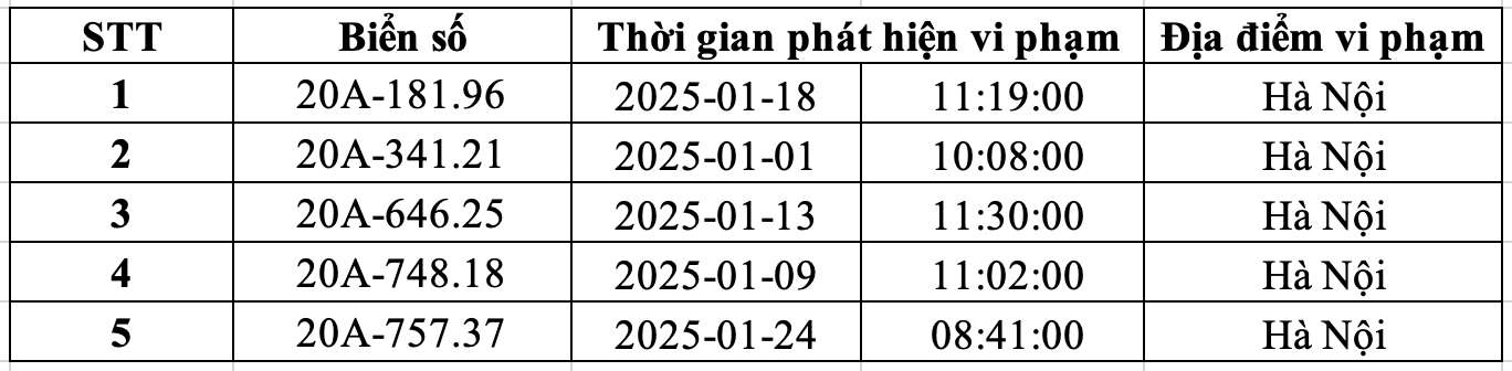 Danh sach phuong tien bien so Thai Nguyen bi phat nguoi tu ngay 1-31.1.2025 tai Ha Noi. Nguon: Cong an Ha Noi