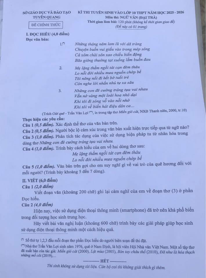 De Ngu van thi vao lop 10 tinh Tuyen Quang nam 2025. Anh: Minh Chau