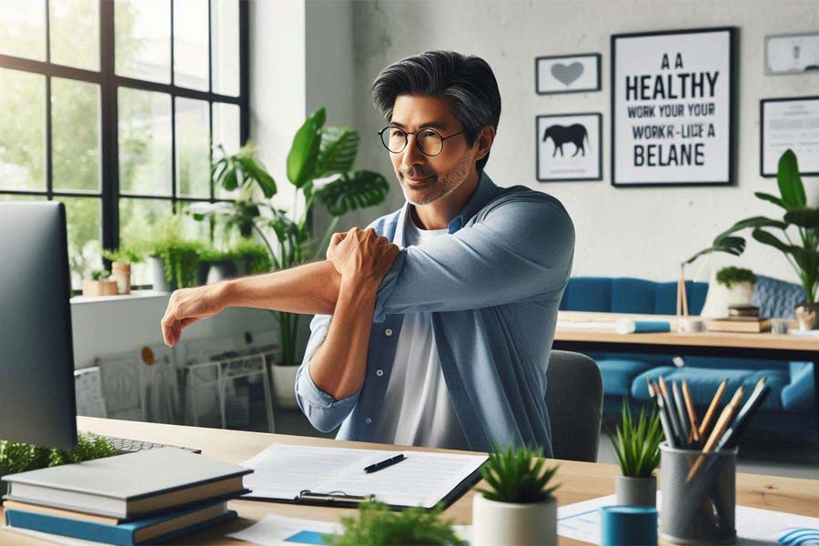 There are some simple stretching movements for long-sitting people that can be done right at the desk. Photo - AI: Cat Tien