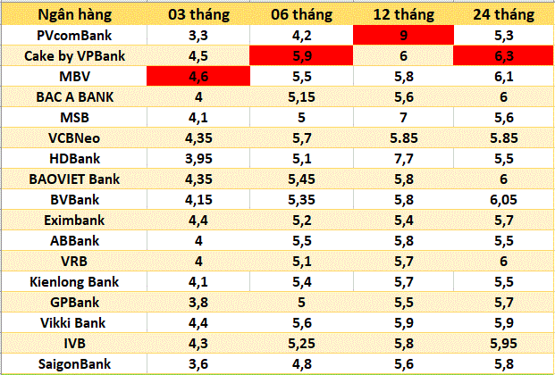 Top ngân hàng có lãi suất cao nhất thị trường hiện nay. Đồ họa: Hà Vy