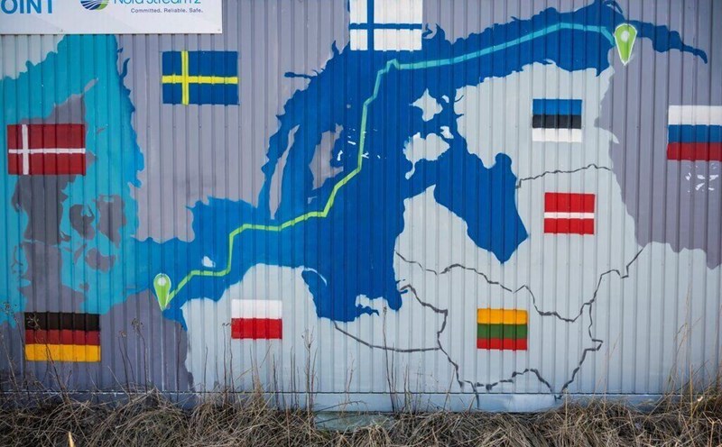 A map showing the Nord Stream 2 gas pipeline is painted on a container in Lubmin Industrial Park, northeast Germany. Photo: AFP