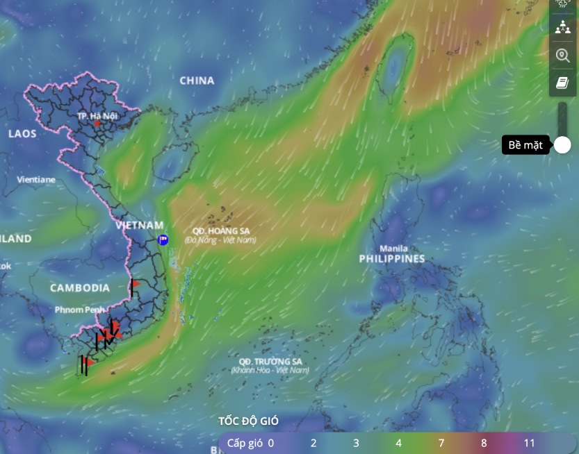 Se preve que el frio continue causando mal tiempo en la region del Mar del Norte. Aqui hay una imagen de la capa de viento marino actualizada a las 10h del dia 1.4. Imagen: Sistema de monitoreo de desastres en Vietnam