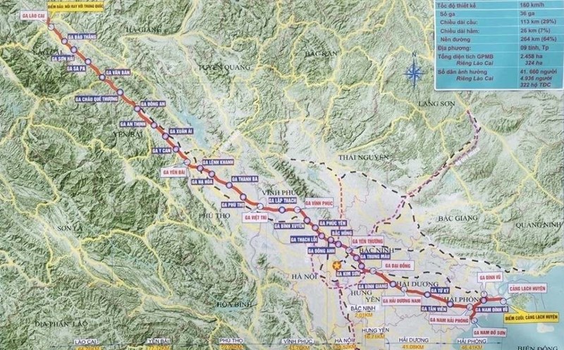Route of the Lao Cai - Hanoi - Hai Phong railway project. Photo: Design Unit