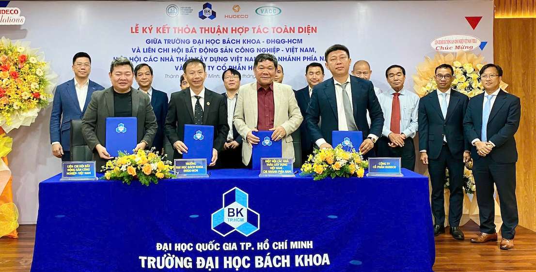 The University of Technology (Vietnam National University, Ho Chi Minh City) signed a comprehensive cooperation agreement with three partners. Photo: VIREA