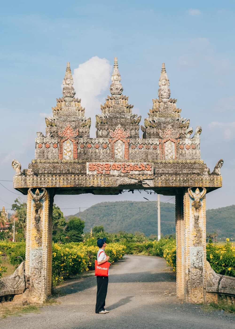 Trong số những điểm tham quan tại An Giang, anh Nghĩa ấn tượng nhất với với cổng trời Tri Tôn: “Khi mình cho flycam bay lên để chụp ảnh thì ngỡ ngàng vì cảnh quá đẹp. Nó là con đường dài, dẫn vào xóm, làng ở bên trong, hai bên là đồng ruộng cả. Bên đường cũng được trồng một loại hoa màu vàng, mình không biết tên nhưng rất đẹp mắt, thơ mộng và bình yên”. Ảnh: NVCC