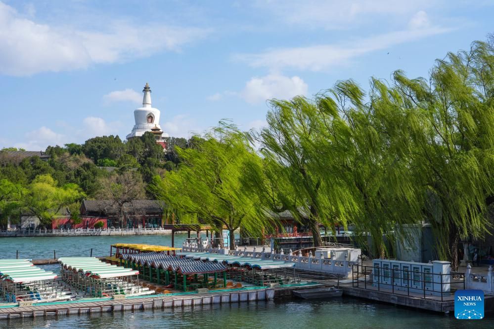 Thuyen tham quan tam thoi bi dinh chi do gio manh tai Cong vien Bac Hai o Bac Kinh, ngay 12.4.2025. Anh: Xinhua