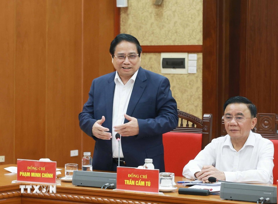Uy vien Bo Chinh tri, Thu tuong Chinh phu Pham Minh Chinh phat bieu tai phien hop. Anh: TTXVN