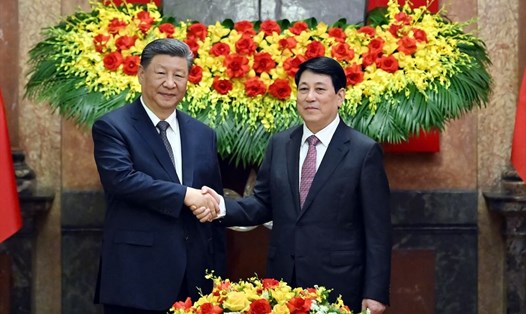 Ủy viên Bộ Chính trị, Chủ tịch nước Lương Cường và Tổng Bí thư, Chủ tịch nước Trung Quốc Tập Cận Bình. Ảnh: Hải Nguyễn