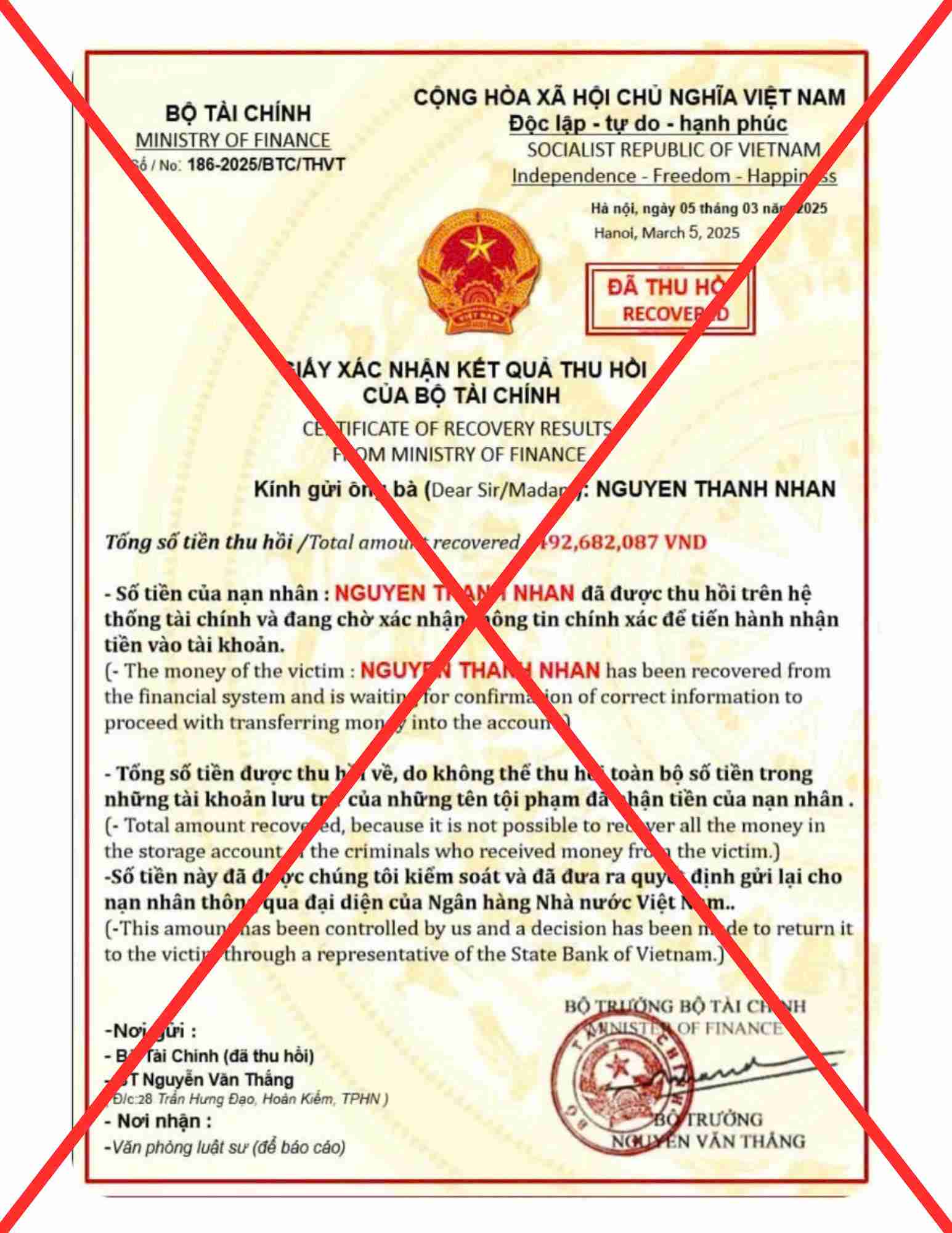 Văn bản giả mạo Bộ Tài chính. Ảnh: Bộ Tài chính.