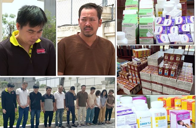 Subjects in the counterfeit drug production and trading ring were arrested with the evidence. Photo: Thanh Hoa Police