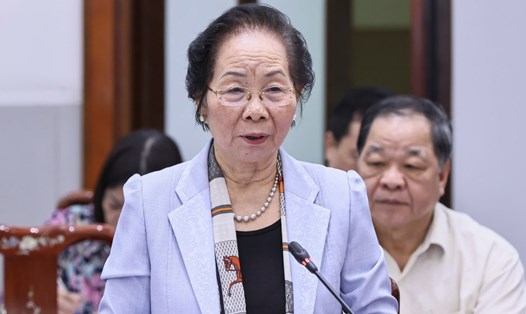 Bà Nguyễn Thị Doan - nguyên Phó Chủ tịch nước, Ủy viên Đoàn Chủ tịch UBTƯ MTTQ Việt Nam - đề cập đến vụ sản xuất gần 600 loại sữa bột giả vừa được cơ quan chức năng triệt phá. Ảnh: Hải Nguyễn