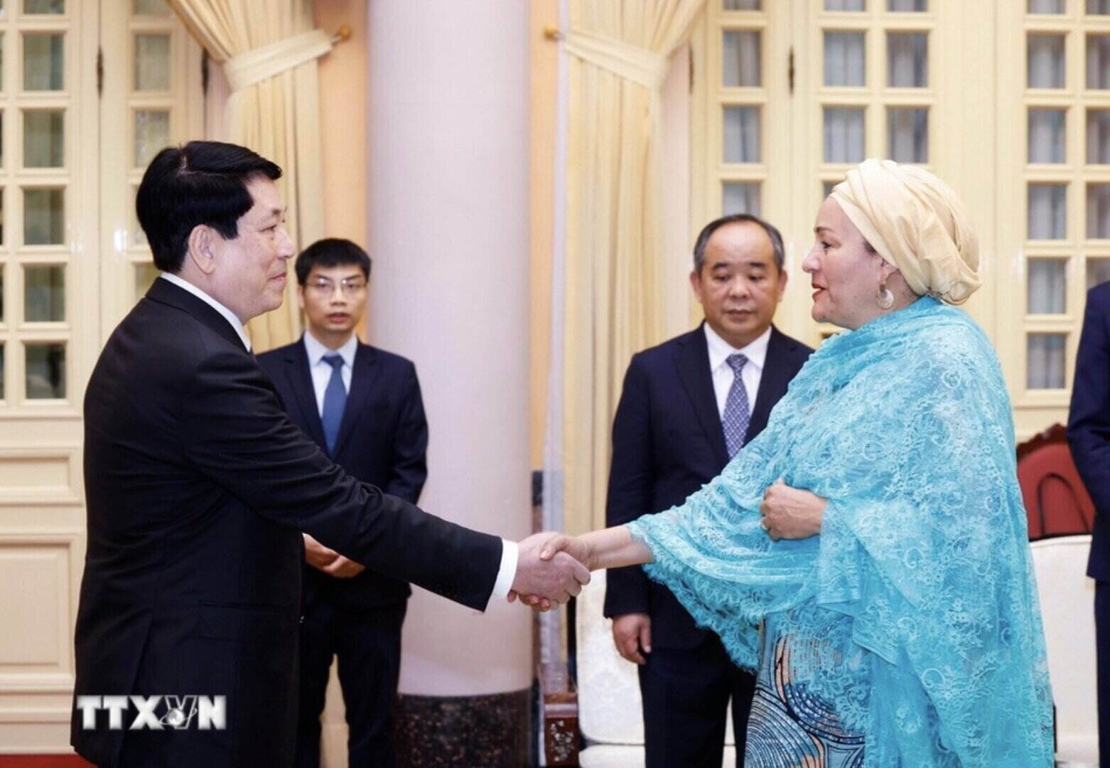 Politburo member and President Luong Cuong received Deputy Secretary General of the United Nations Amina Mohammed on the occasion of her visit to Vietnam to attend the P4G Summit. Photo: VNA