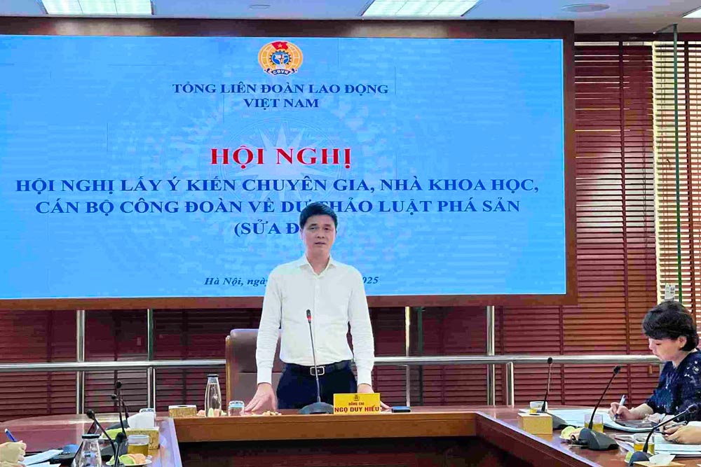 El vicepresidente de VGCL ONG Duy Hieu presidio la conferencia para recolectar expertos, cientificos y funcionarios sindicales sobre el borrador de la ley de bancarrota (modificada). Foto: Kieu Vu