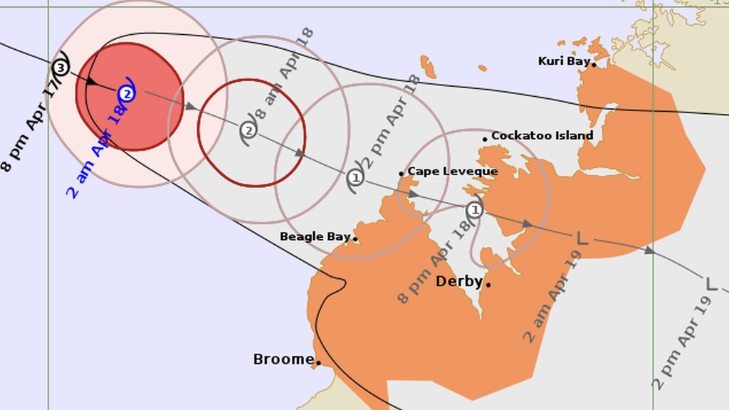 El huracan Errol se dirige hacia el sureste a 14 km/h y se espera que toque tierra esta tarde. Imagen de la agencia meteorologica australiana