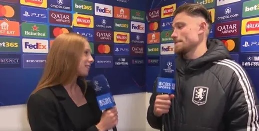 Matty Cash was interviewed by his sister after the Champions League match. Photo: Cut from video