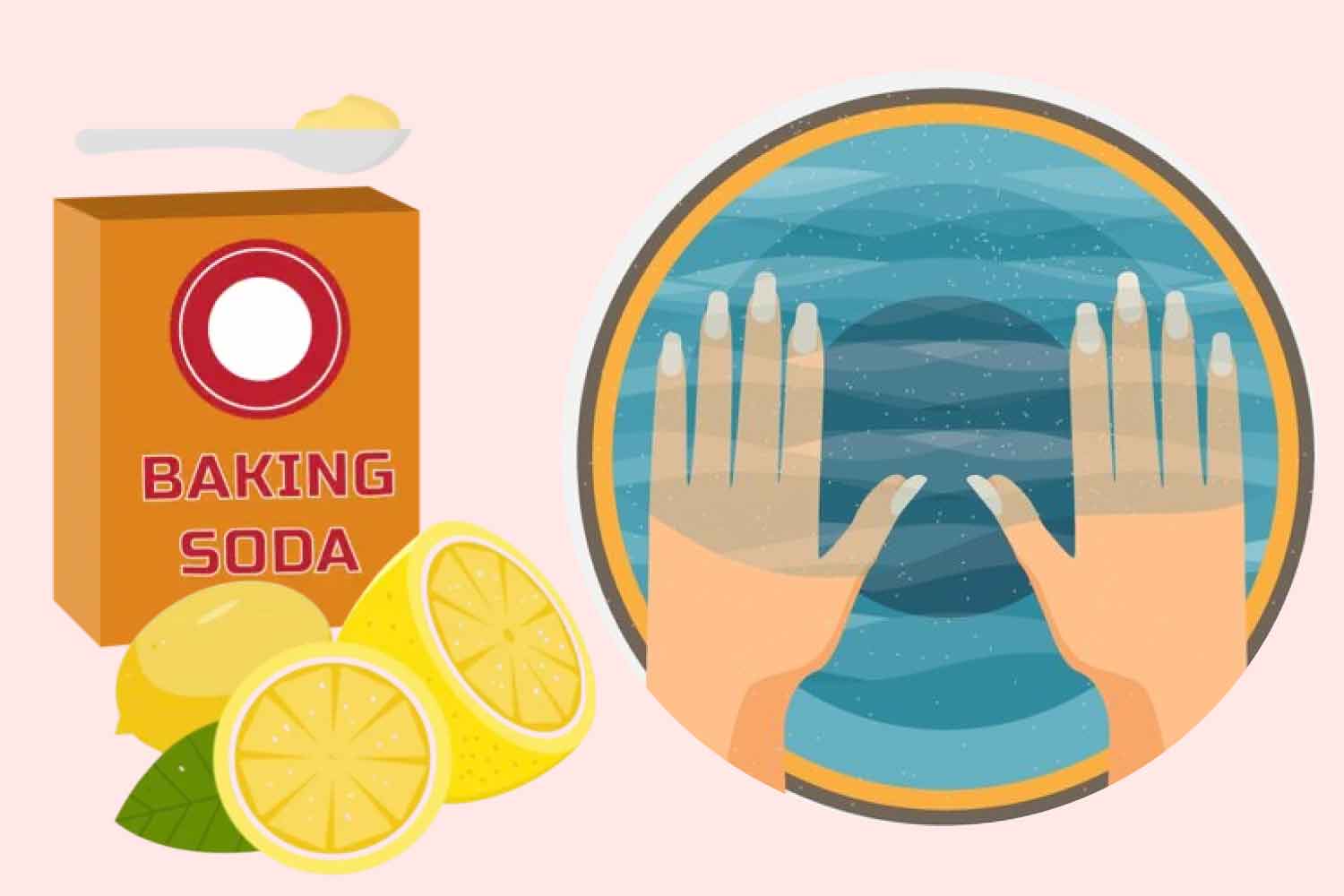 El limon y el bicarbonato de sodio pueden ayudar a blanquear las uñas amarillas. El dibujo: