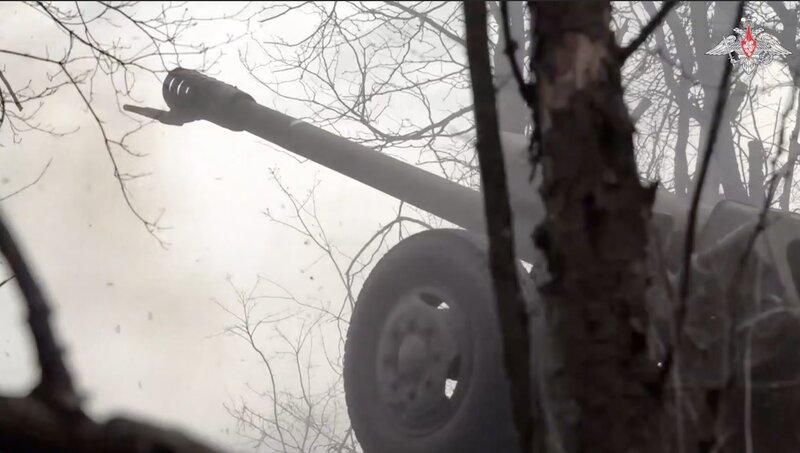 Russian artillery strikes the Ukrainian base from a distance. Photo cut from video of the Russian Ministry of Defense