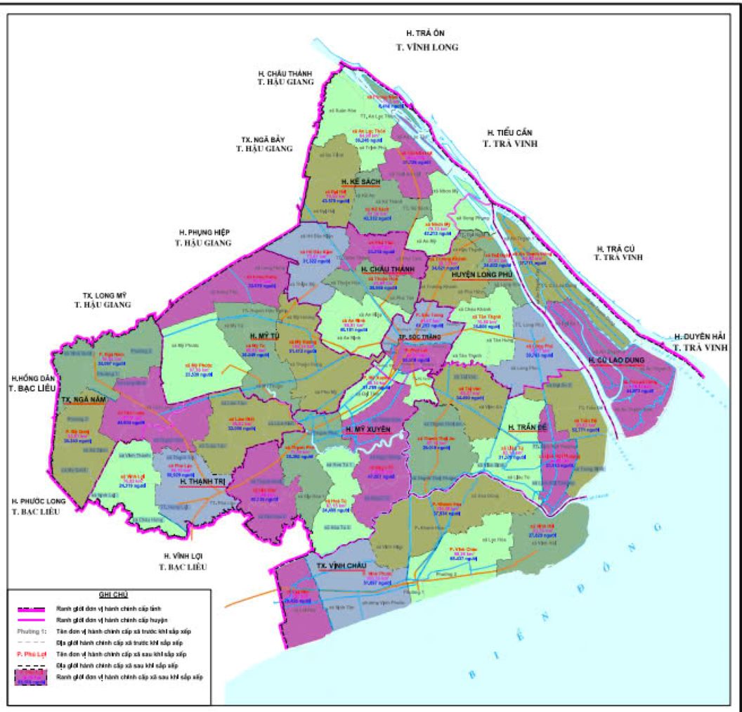Details of the names of 43 communes and wards in Soc Trang after the merger