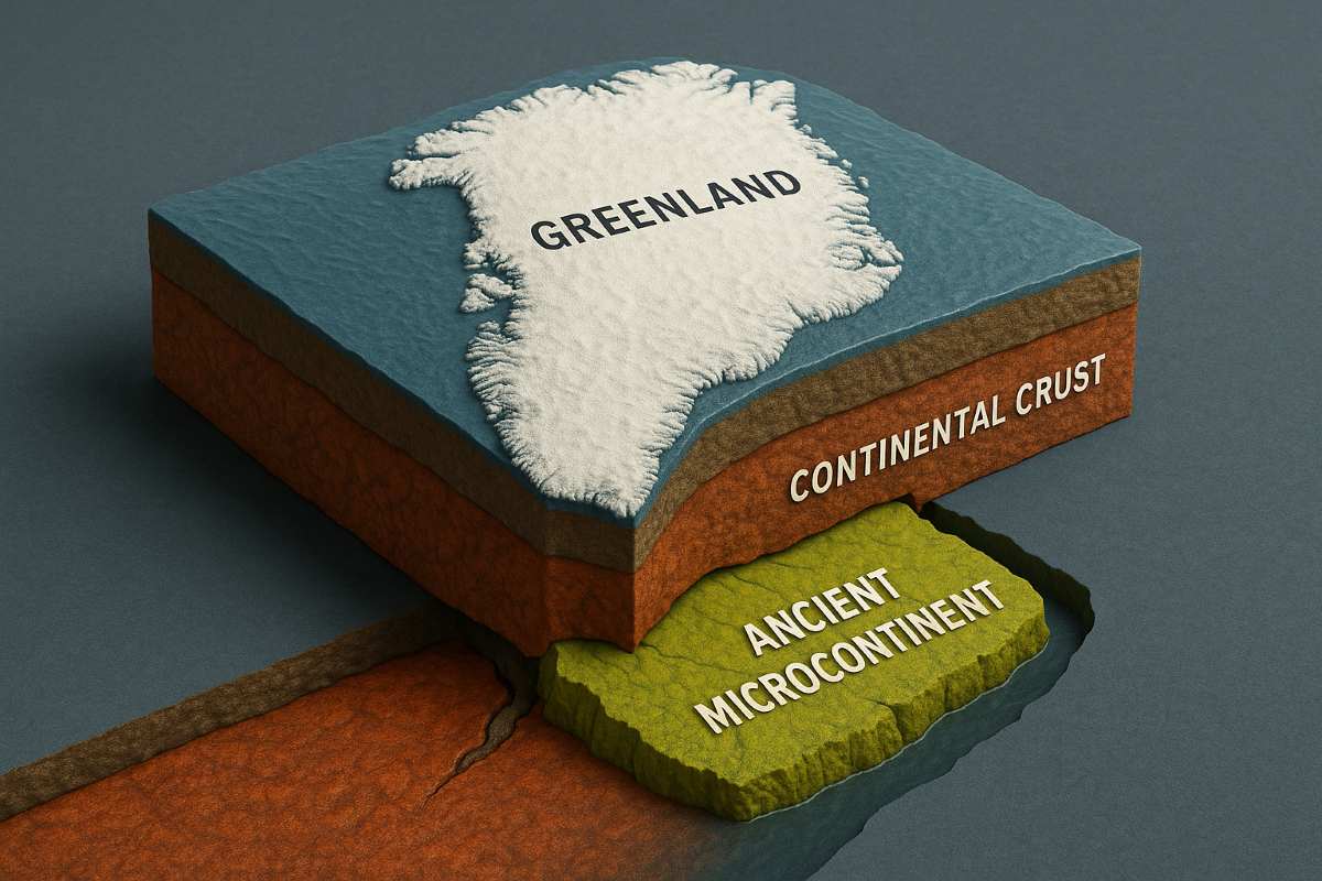 Los investigadores han confirmado la existencia de un microcontinente escondido bajo la capa de hielo mas densa del oeste de Groenlandia. Ilustracion creada por el motor de la IA