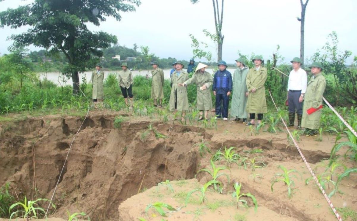 Lanh dao tinh Thanh Hoa ben hien truong sat lo bo song Ma do nan cat tac tai xa Vinh Hoa, huyen Vinh Loc. Anh: Q.D