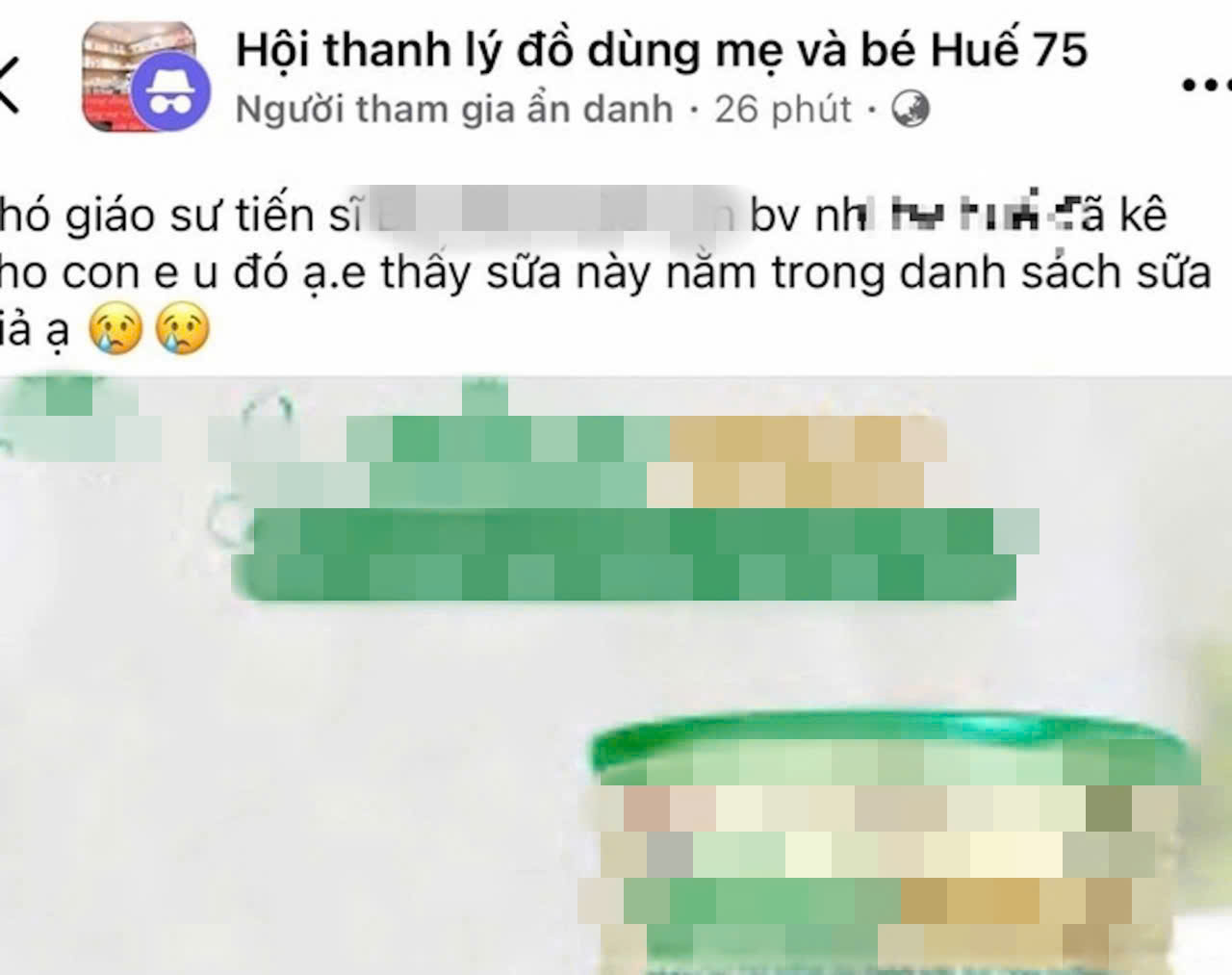 The social media post said that PSG.TS B.S, a private clinic in Thuan Hoa District (Hue City), prescribed drugs with fake milk. Photo: N. Vuong