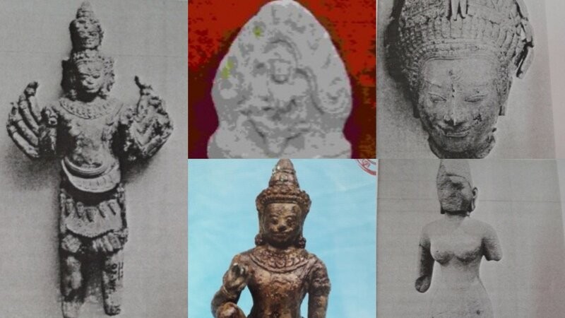 5 hien vat la bao vat quoc gia duoc tim thay trong cac dot khai quat khao co o thap Vinh Hung (tu trai qua, tren xuong), gom: Tuong Sadasiva mat truoc, phu diêu Nữ thần Uma bằng da (sa thach), dau tuong Than Shiva mat truoc, tuong nam than va tuong nu than Laksmi. Anh: Nhat Ho