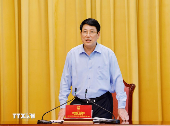 Politburo member and President Luong Cuong gave a speech. Photo: Lam Khanh/VNA