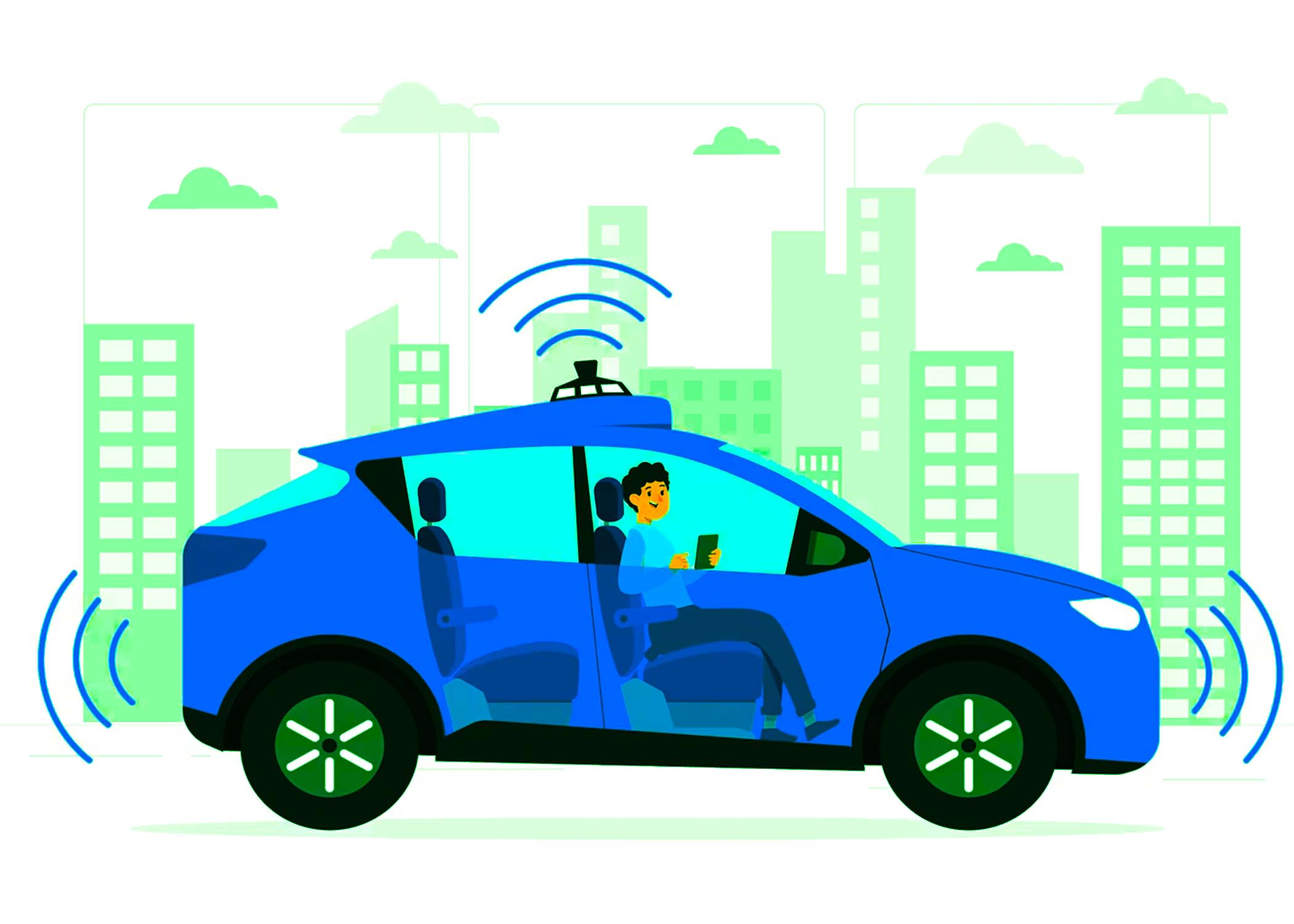 Algunas notas importantes que debes tener en cuenta para usar la tecnologia de los vehiculos autonomos de manera segura. El dibujo de Hyo-woo