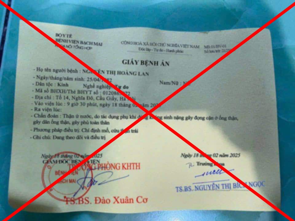The image of the fake medical record and seal of Bach Mai Hospital was used by the personal Facebook account "Lan Nguyen". Photo: BVCC