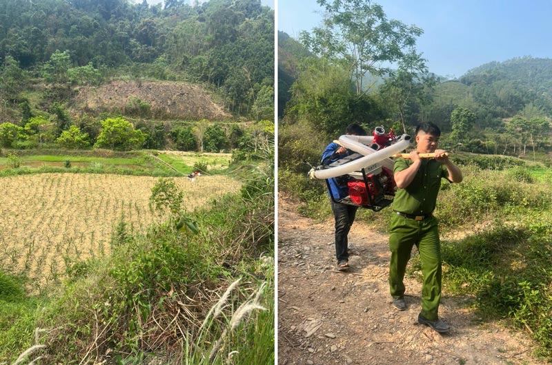 Cong an xa Quang Trong van chuyen may bom giup nguoi dan cuu ruong kho han. Anh: Cong an xa Quang Trong