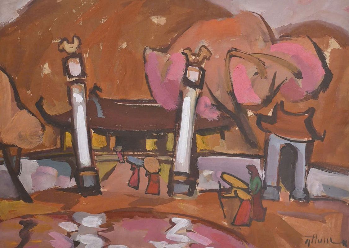 The work "Going to the village pagoda ceremony", coloring powder on paper, 1988 Photo: Quoc Thang