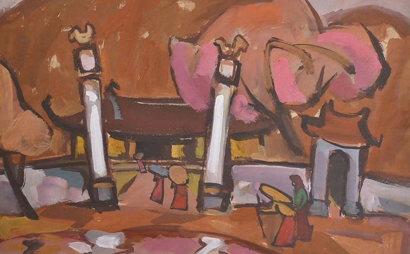The work "Going to the village pagoda ceremony", coloring powder on paper, 1988 Photo: Quoc Thang