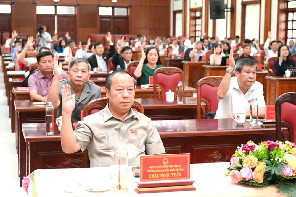 Delegates approved the policy of merging commune-level administrative units and other Resolutions of the province. Photo: Duc Thuy