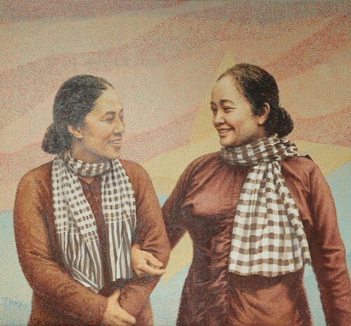 Tac pham “Hai nu tuong trong khang chien chong My“, tranh son dau cua hoa si Nguyen Thu Thuy. Anh: Hoa Chanh