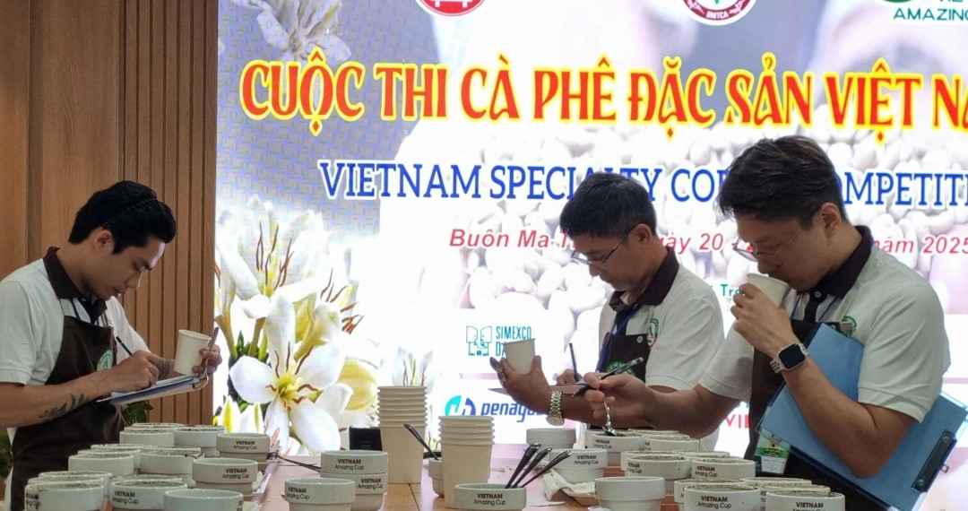 Ban giam khao cham cac mau ca phe o vong so ket. Anh: Minh Thuan 