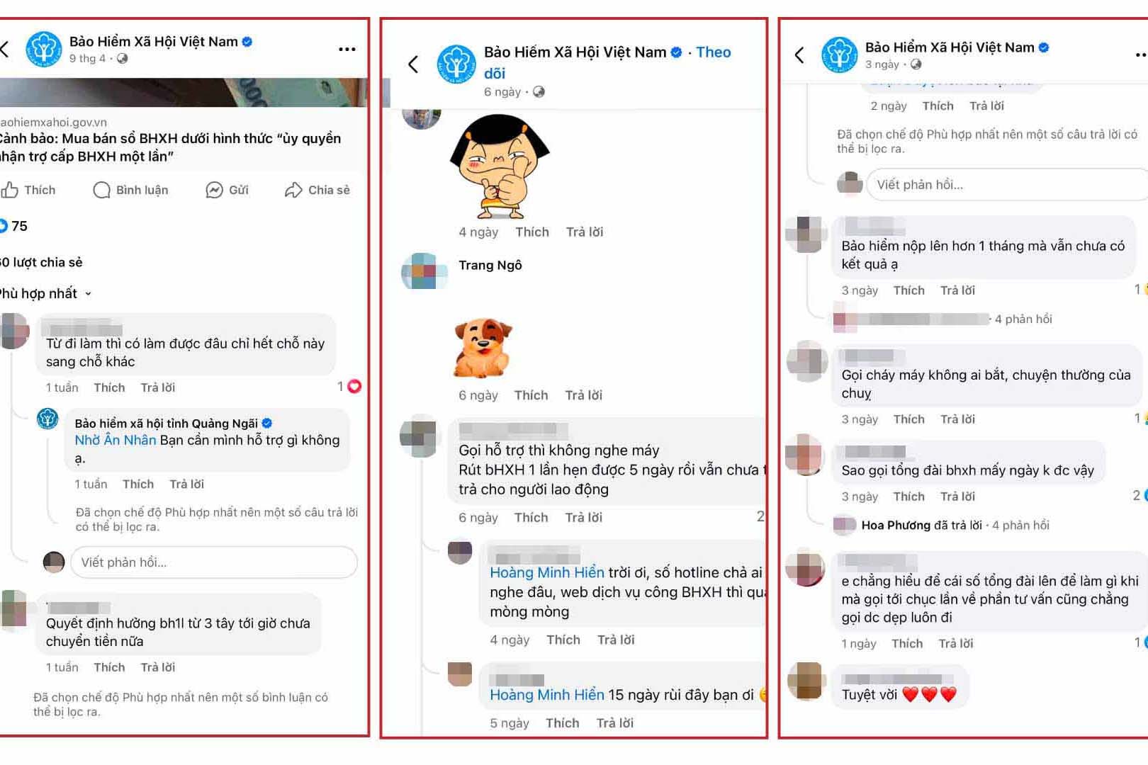 Hang loat noi dung nguoi dan phan anh cua nguoi dan tren Fanpage chinh thuc cua BHXH Viet Nam. Do hoa: Tung Giang