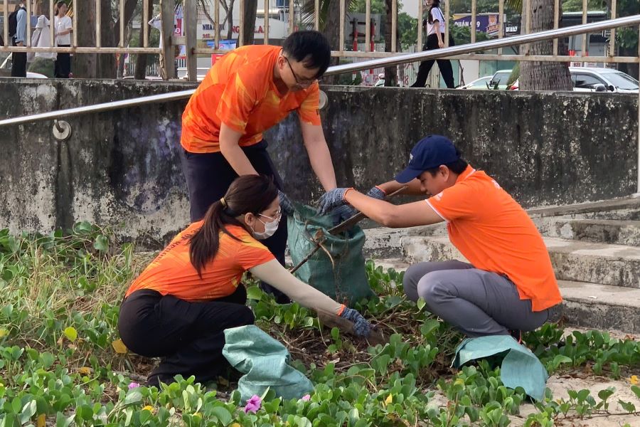 Volunteers participate in the general cleaning of the sandbank area from Ton That Dam culvert to Ha Khe Square (Da Nang City). Photo: Minh Thu