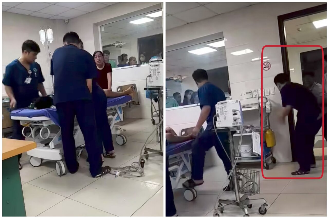 Dos enfermeros fueron atacados mientras atendian a un paciente, y la enfermera Pham Tien Nam fue pateada en el estomago (foto de la derecha). Se lo corto de un clip.