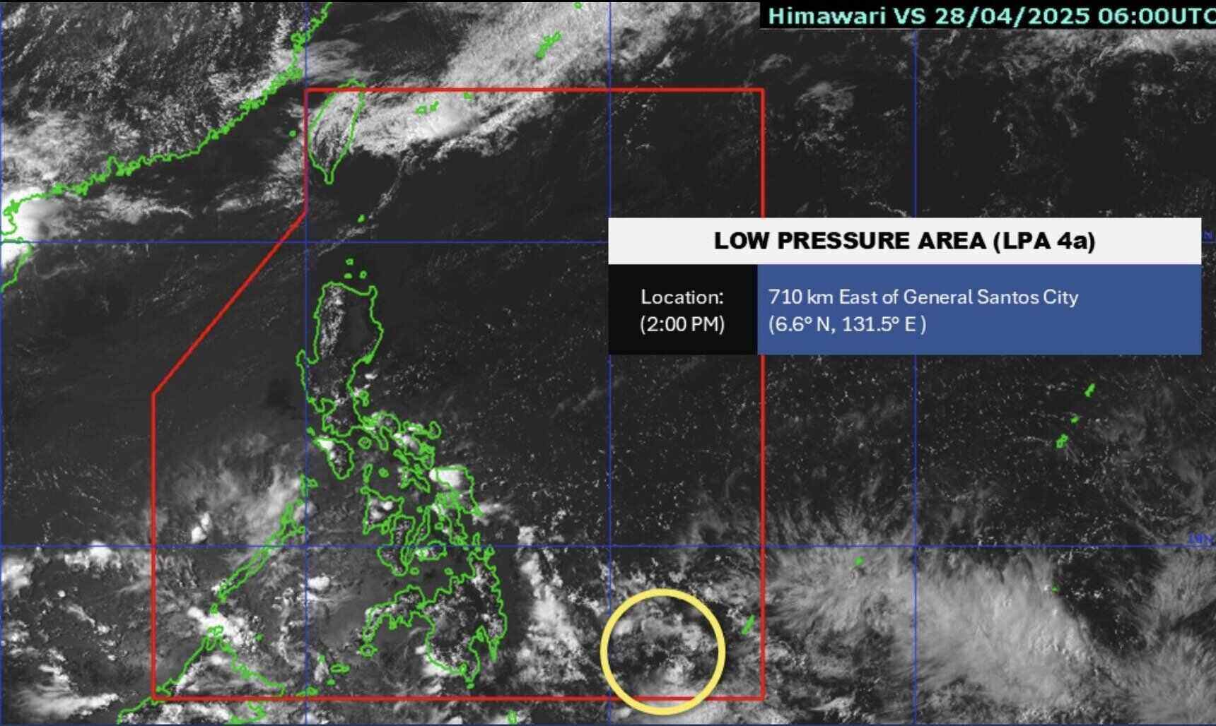 Baja corriente cerca del Mar del Sur a las 28.4. Imagen de PAGASA