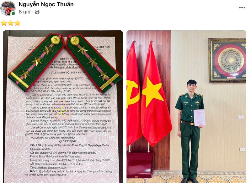 Chu cong Nguyen Ngoc Thuan duoc thang quan ham len Thuong uy quan nhan chuyen nghiep. Anh chup tu bai dang cua nhan vat