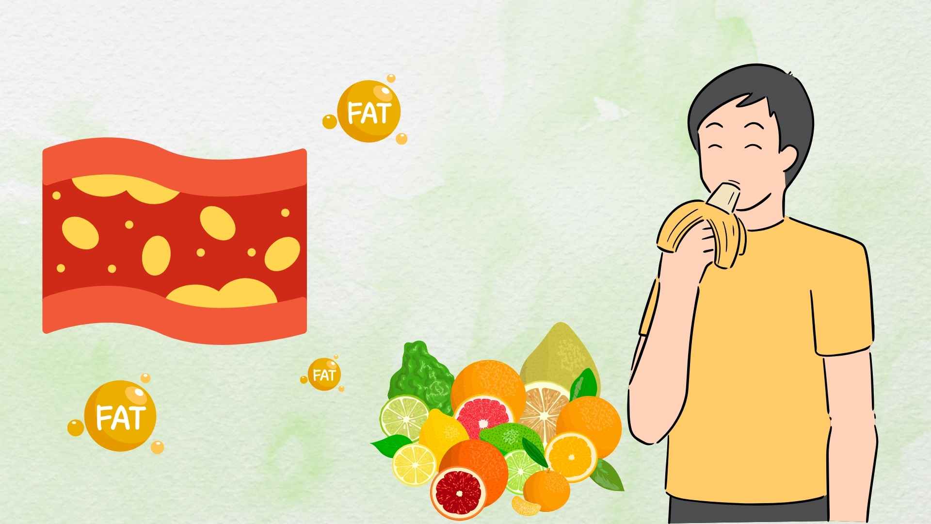 Los que tienen mucha grasa en la sangre comen fruta de la manera correcta. Diseño y dibujo: