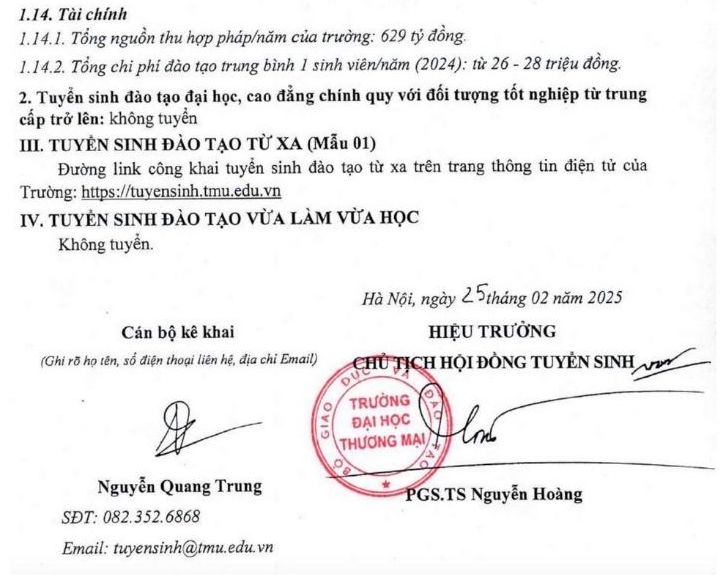 Chi phí đào tạo trung bình 1 sinh viên năm 2024 theo công bố của Trường Đại học Thương mại. Nguồn: Trường Đại học Thương mại